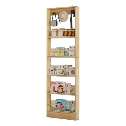 Wooden Wall Mounted Bookshelf, 5 Tier Storage Shelf with Anti Tip Device, Space Saving Organizer with Built in Hooks and Raised Edges for Living Room Bedroom Home Office
