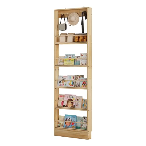 Wooden Wall Mounted Bookshelf, 5 Tier Storage Shelf with Anti Tip Device, Space Saving Organizer with Built in Hooks and Raised Edges for Living Room Bedroom Home Office