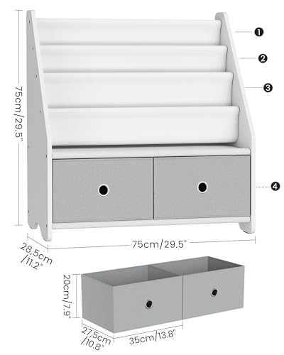 CHOEZON Kids Bookshelf and Toy Storage, 4 Tier Large Capacity Kids Book Rack, Sling Kid Bookcase, for Kids Room, Nursery, Playroom, White and Gray MCW06WT