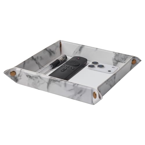 Valet Tray Desktop Storage Organizer – Premium PU Leather Catchall Bedside Vanity Tray Nightstand Caddy Holder for Remote Controller, Keys, Phone, Wallet, Coin, Jewelry,Marble White - color: Marble White