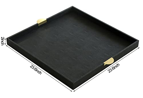 HofferRuffer Extra Large Square Serving Tray, Elegant Faux Leather Ottoman Tray with Gold Hardware Handles, Serve Tea, Coffee or Breakfast in Bed, 23.6 x 23.6 inches, Black Large Square - color: Black, size: 23.6" x 23.6" x 2"