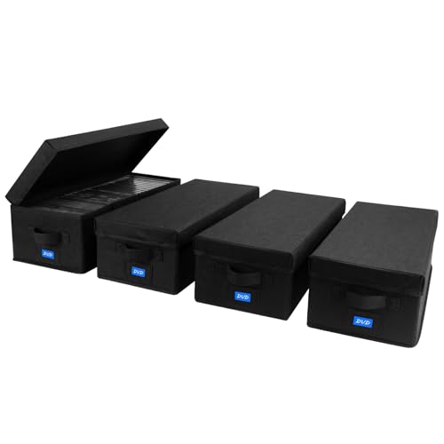 DVD Storage Box with Handles and Lid – DVD Case Holder Organizer with External Label Slots, Stackable DVD Storage Case for Dust-Free and Space-Saving Media Storage，4Pack-Black - size: DVD-4PACK