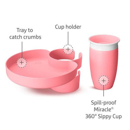 Munchkin Carseat Tray with Miracle 360 Sippy Cup for Toddlers 1-3 - Travel & Road Trip Accessory for Kids, Mess-Free Snacking and Spill Proof Drinking in The Car, Pink - color: Pink
