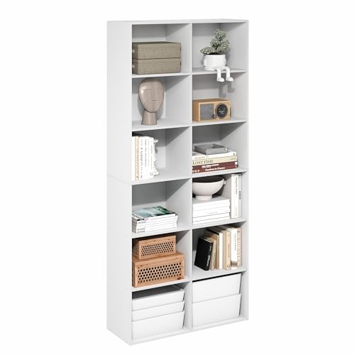 Furinno Basic Book Shelf, 12-Cube Bookshelf, Bookcase with Open Shelf, Cube Storage Organizer, 12 x 32 x 71, for Living Room, Home Office, White - color: White, size: 12-Tier, 12 x 32 x 71