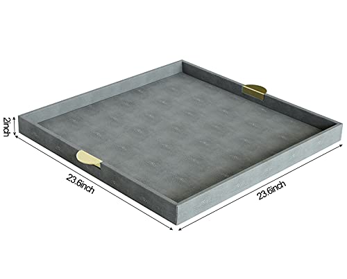 HofferRuffer Extra Large Square Serving Tray, Elegant Faux Leather Ottoman Tray with Gold Hardware Handles, Serve Tea, Coffee or Breakfast in Bed, 23.6 x 23.6 inches (Large Square) - color: Dark Grey, size: 23.6" x 23.6" x 2"
