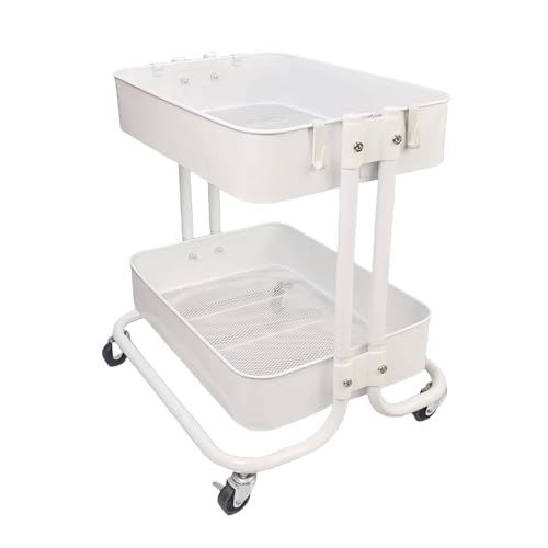 2 Tier Under Desk Storage Cart with Wheels Heavy Duty Metal Short Rolling Pantry Storage Cart for Small Space, Utility Trolley for Kitchen Bathroom Laundry Cute Snack Craft Organizer, White - color: White-1, size: 2-tier