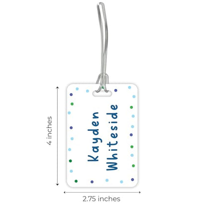 Personalized Blue Polka Dot Luggage Tag / 2.75" x 4" Custom Abstract Bag Tag/Double Sided Durable Plastic Luggage Tag with Plastic Strap/Made in The USA - style: Blue Dots