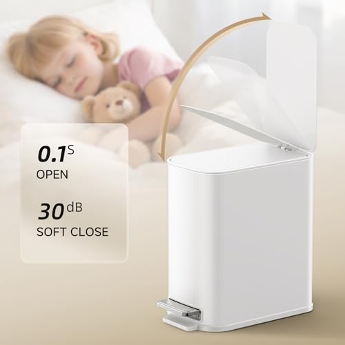 TIPGO Small Bathroom Trash Can with Lid Soft Close, Step Pedal, 1.3 Gallon / 5 Liter Stainless Steel Slim Garbage Can for Office, Diaper Waste Basket with Removable Inner Bucket (White) - color: White