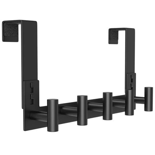 PMMASTO Over The Door Hooks, Door Hanger Hook for Hanging, Coat Rack Organizer for Bathroom, Towel Holder Bathroom Accessories (Black 5 T-Hooks-Fits 1-3/4" Thick Door) - color: Black, size: 7.5 Inch-5 T-Hooks, Fits 1-3/4" Thick Door
