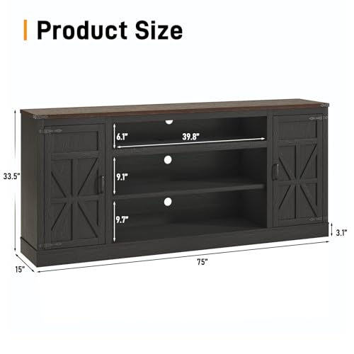 Hlivelood 75" Farmhouse TV Stand with Power Outlets for 85 Inch TVs, 33" Tall Entertainment Center with Storage Cabinets w/Adjustable Shelves, Rustic Large TV Media Console, Black - color: Black, size: 75in