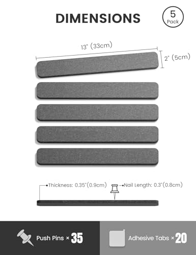Fluxynara Cork Board Alternative Felt Strip Board 5-Pack 13"x2", Office Pin Board with 35 Push Pins, Adhesive Install for Bedroom Door & Home Office(Charcoal Gray) - color: Charcoal Gray, size: 5-pack