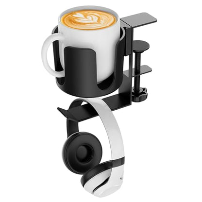 Desk Cup Holder Clip On with Buckle Clamp Hook,Deeper Drink Table Holder for Water Bottles & Coffee Mugs Bags Headphone Hanger,Adjustable Large Metal Clamp for Office & Gaming,Home,Black - size: 3.94"L x 3.94"W x 5.51"H