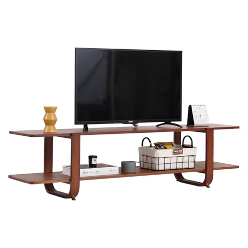 Welnow Low Bamboo TV Stand for Up to 65 Inch, Small Mid Century Modern Entertainment Center with 2-Tier Open Shelves, Walnut Media Console Table for Living Room, Bedroom - color: Walnut, size: 55.1"