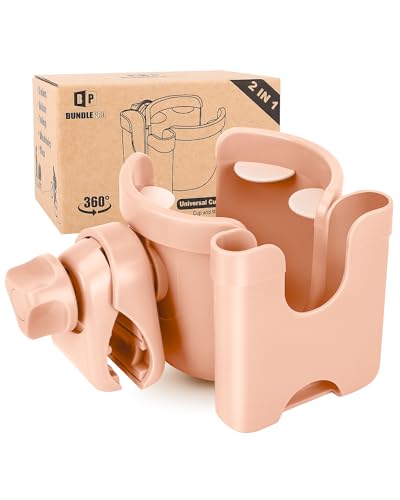 Universal Stroller Cup Holder with Mobile Phone Case, 2-in-1 Strollers Storage Rack, 360 Degrees Rotation Drink Holder for Bike, Pushchair, Wheelchair, Walker,Bicycle, Fits Most Cups (Pink) - color: PINK