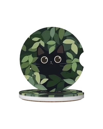 Car Cup Holder Coasters, 2 Pcs Ceramic Coasters with Cork Back and Finger Slot, Anti-Slip Shock Absorbing Women and Men Universal Car Accessories - Lovely Black Cat - color: Lovely Black Cat