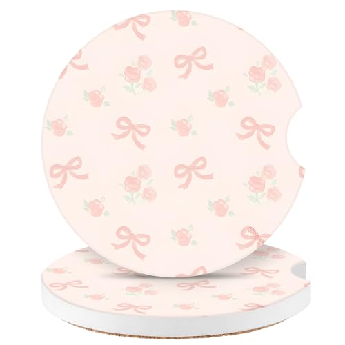 Cute Bowknot Car Coasters,Absorbent 2 Pack for Cup Holders with Finger Notch,2.56 inches Ceramics Heat Resistant Anti Slip Cork Base Car Drinks Coasters Auto Cup Holder - color: Pink Bows2