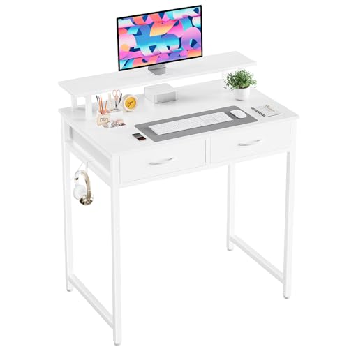DUMOS 31 Inch Computer Desk with Monitor Stand and 2 Drawers, Small Writing Desk for Home Office with Headphone Hook, Compact Study Table for Bedroom, White - color: White, size: 31-In