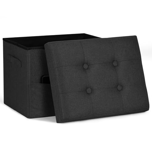 Storage Ottoman Foot Rest with Thicker Foam Padded Seat. Small Bench with Storage. 350 lbs Linen Folding Footstool Bench for Living Room, Bedroom, Home Office. 17x13x13in, Gray Black - color: Gray Black, size: 17"D x 13"W x 13"H