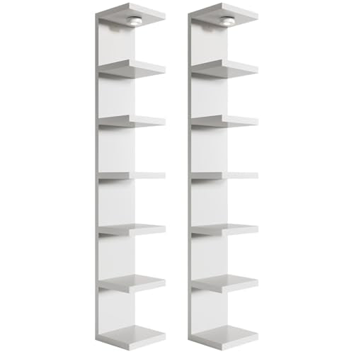 2 Pack-7 Tier Vertical Wall Shelf Unit with USB Rechargeable LED Light (Remote Controlled),Floating Lack Shelf,Versatile Display Shelves for Home Storage, Decor,Vanity-White - color: White, size: 2 Pack-7 Tier