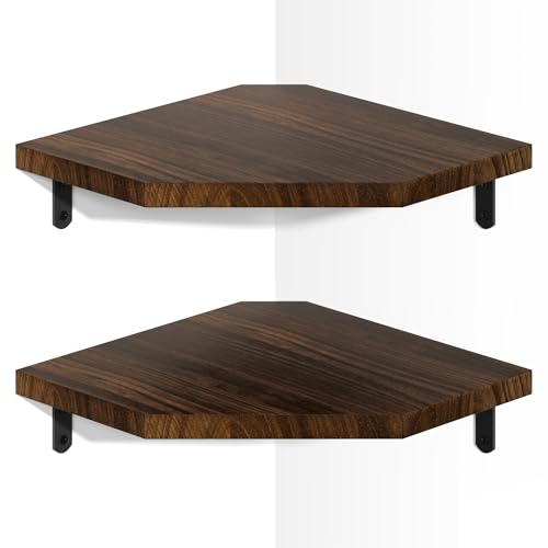 Alsonerbay Corner Shelf Wall Mount, Set of 2 Floating Corner Shelves with Cord Hole, Rustic Wood Shelves for TV, Speaker, Cable Box, Game Console for Bedroom Living Room Kitchen, Carbonized Black - color: Carbonized Black