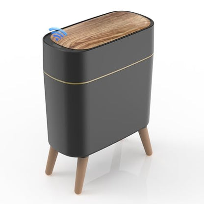 suyika Automatic Trash Can, 2.6 Gallon/10L Bathroom Trash Can with Lid - Wood Grain Lid and Legs, Touchless Waterproof Garbage Bin for Bedroom, Bathroom, Office, Living Room - color: Black