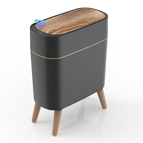 suyika Automatic Trash Can, 2.6 Gallon/10L Bathroom Trash Can with Lid - Wood Grain Lid and Legs, Touchless Waterproof Garbage Bin for Bedroom, Bathroom, Office, Living Room - color: Black