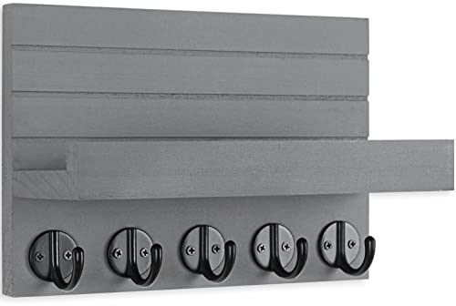 Lwenki Key Holder for Wall, Decorative Key and Mail Holder with Shelf Has Large Key Hooks for Bags, Coats, Umbrella – Paulownia Wood Key Hanger with Mounting Hardware (9.8”W x 6.7”H x 4.2”D) - color: Gray