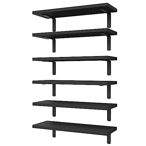 WOPITUES Wood Floating Shelves Set of 6, Shelves for Wall Decor, Farmhouse Shelf for Bedroom, Bathroom Storage Shelves, Book Shelves for Living Room-Black - color: Black, size: 16.5 Inch