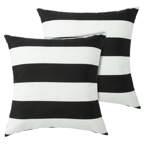 FUNHOME Outdoor Indoor Throw Pillows 18”x18”, Set of 2 Decorative Throw Pillows with Inserts, All Weather Water-Repellent Square Pillows for Bed, Couch, Sofa and Patio Furniture-Black White Stripe - color: Black White Stripe, size: 18"L x 18"W(With Insert