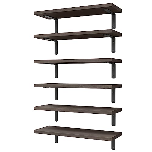 WOPITUES Wood Floating Shelves Set of 6, Shelves for Wall Decor, Farmhouse Shelf for Bedroom, Bathroom Storage Shelves, Book Shelves for Living Room, Dark Brown - color: Dark Brown, size: 16.5 Inch