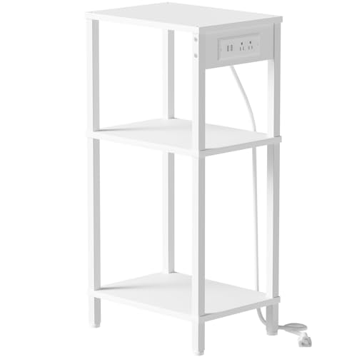 Creso hom Tall End Table with Charging Station and USB Ports, 3 Tier Narrow Tall Bedside Table with Storage, Slim Nightstand with Outlets for Bedroom, Living Room, Nursery, Office, White - color: White, size: 11"D x 15"W x 30"H