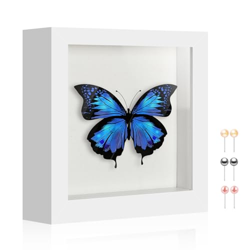 6x6 Shadow Box Picture Frame Display Case with Soft Linen Back-Real Glass,Small Mini White Deep Shadow Box Frame 6x6 for Insect Medal Display Pet Photo Memorial Flower Craft - color: White + Thickened Panel + Foam Packaging, size: 6x6
