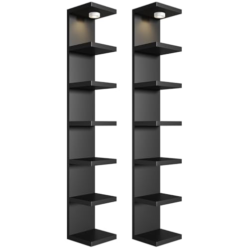 2 Pack-7 Tier Vertical Wall Shelf Unit with USB Rechargeable LED Light (Remote Controlled),Floating Lack Shelf,Versatile Display Shelves for Home Storage, Decor,Vanity-Black - color: Black, size: 2 Pack-7 Tier