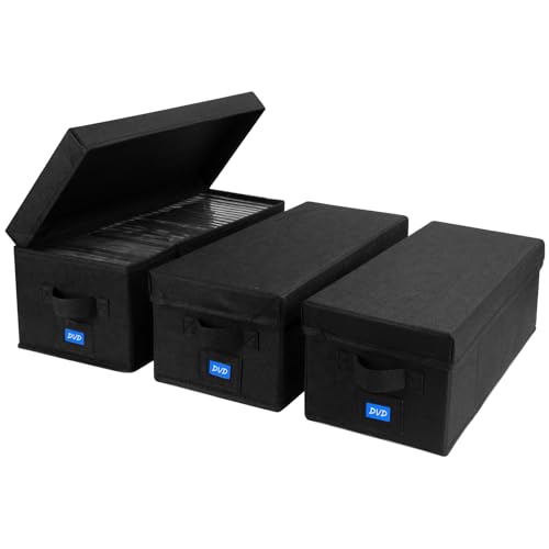 DVD Storage Box with Handles and Lid, 3 Pack - Black, DVD Case Holder Organizer with External Label Slots, Stackable for Dust-Free and Space-Saving Media Storage - size: DVD-3PACK