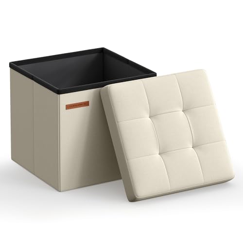 SONGMICS Storage Ottoman, Foldable Small Ottoman Foot Rest, 11.8 Inches Foot Stool, Cube Ottoman with Storage, Load up to 286 lb, for Living Room, Bedroom, Dorm, Cream White ULSF028W01 - color: Cream White, size: 11.8"D x 11.8"W x 11.8"H