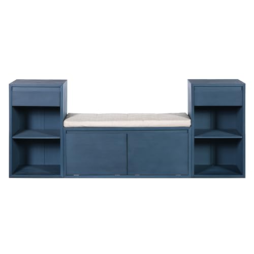 77.48" Entryway Storage Bench with Cushion, Drawers & Shelves, Antique Navy | 4-in-1 Hallway Bench with Drawers, Compartments & Open Shelves – Mudroom Shoe Storage, Entryway Organizer - color: Antique Navy