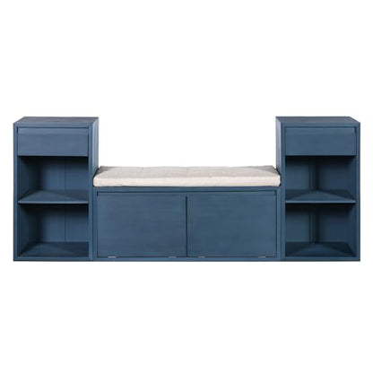 77.48" Entryway Storage Bench with Cushion, Drawers & Shelves, Antique Navy | 4-in-1 Hallway Bench with Drawers, Compartments & Open Shelves – Mudroom Shoe Storage, Entryway Organizer - color: Antique Navy