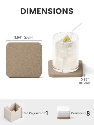 Fluxynara Felt Coasters for Drinks, Set of 8 Absorbent Coasters with Holder, Heat-Resistant & Reusable Square Design for Coffee Table & Living Room, 3.94 Inch, Stone Beige - color: Stone Beige, size: Square - 8 Count