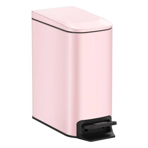 TIPGO Slim Bathroom Trash Can with Lid Soft Close, 6 Liter / 1.6 Gallon Stainless Steel Garbage with Removable Inner Bucket, Small Trash Bins for Bedroom, Office (Pink) - color: Pink