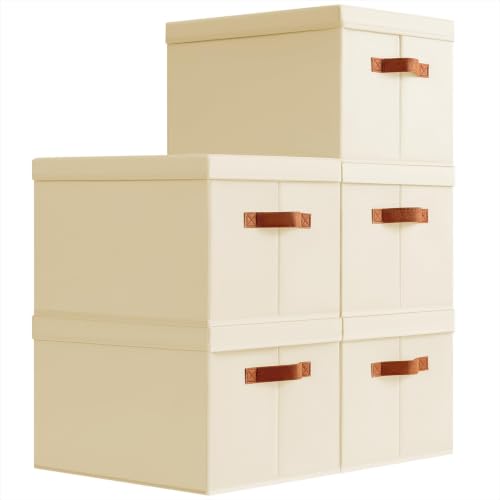 Homsorout Storage Bins with Lids - Large Fabric Closet Bins with Lid, 5 Pack Clothes Organizers and Storage, Collapsible Stackable Cube Basket for Home, Office, Dorm, Beige - color: Beige, size: XL(5-Pack)
