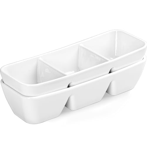 Ceramic Divided Serving Tray 11 Inch, 3 Compartment White Condiment Tray Set of 2, Stackable Chip and Dip Serving Dish for Entertaining, Appetizer Snack Platter for Party Holiday Game Day