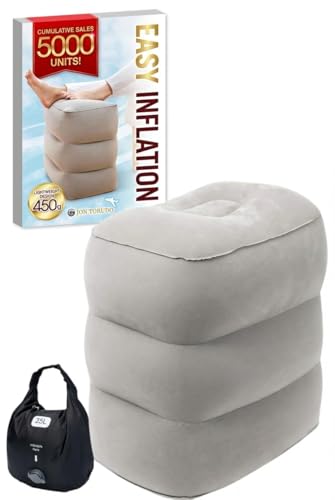 Inflatable Foot Rest for Airplane Travel - Adjustable Height Leg Pillow for Long Flights - Portable Travel Footstool with Pump-Free Inflation Bag - Car & Office Leg Rest Essentials