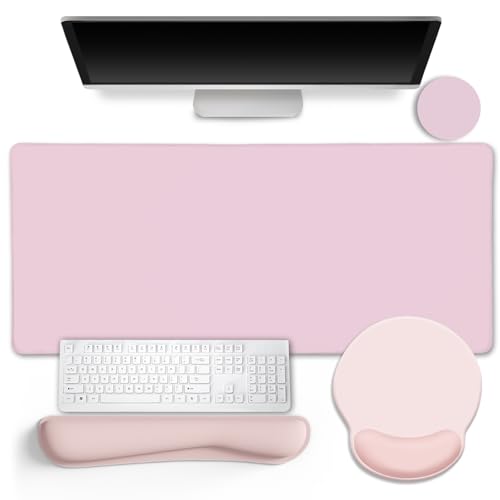LIMKRIAN Pink Mouse Pad Set, Complete XXL Desk Mat with Ergonomic Keyboard Support & Coaster, Featuring Mouse Pad with Gel Wrist Rest for Pain Relief, Soft Pink Home Office Gaming Accessories Gift - color: XXL-03 Blush Pink