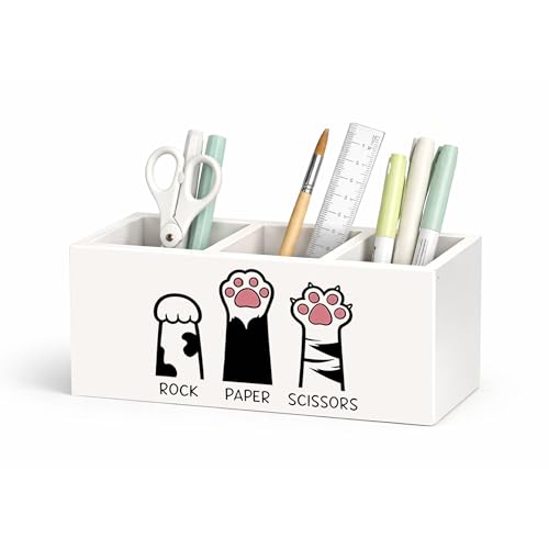 Cat Paw Wooden Desk Organizer Pen Holder | Cute cat paw rock paper scissors design; wooden pen holder for pens, markers, scissors, rulers, or cat lover desk decor. - color: Rock Paper Scissors Cats