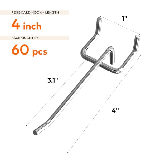 JEAWIWI 60 Pack 4 Inch Metal Pegboard Hooks, Fit 1/4 in and 1/8 in Peg Board Organizer Accessories, for Hanging Storage, Garages, Tool Sheds, Basements - size: 4IN 60PCS