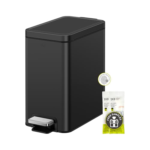 EKO Small Bathroom Trash Can with Lid Soft Close, Step Pedal, 6 Liter / 1.6 Gallon Stainless Steel Garbage Can with Removable Inner Bucket, Anti-Fingerprint Finish (Matte Black) - color: Matte Black, size: 6L