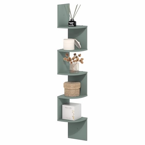 Furinno Rossi Floating Book Shelves for Wall, 5-Tier Zigzag Corner Shelf Wall Mounted, Radial Corner Floating Shelf, for Living Room, Bedroom, Bathroom, Home Office, Sage Green - color: Sage Green