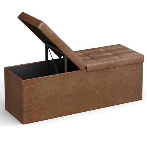SONGMICS MAZIE Collection - 43 Inches Storage Ottoman Bench with Flipping Lid, Storage Chest with Iron Frame Support, Load 660 lb, for Living Room, Bedroom, Synthetic Leather, Coffee Brown ULSF075K01 - color: Coffee Brown, size: 15"D x 43"W x 15"H
