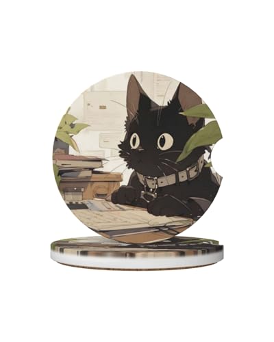 Car Cup Holder Coasters, 2 Pcs Ceramic Coasters with Cork Back and Finger Slot, Anti-Slip Shock Absorbing Women and Men Universal Car Accessories - Wide-Eyed Cat - color: Wide-eyed Cat