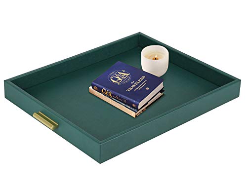 HofferRuffer Extra Large Serving Tray with Handles, Elegant Faux Leather Storage Decorative Tray for Coffee Table, Ottoman, Console Table (Green Tray+Golden Handle) - color: Green Tray+golden Handle, size: 20" x 16" x 2.2"